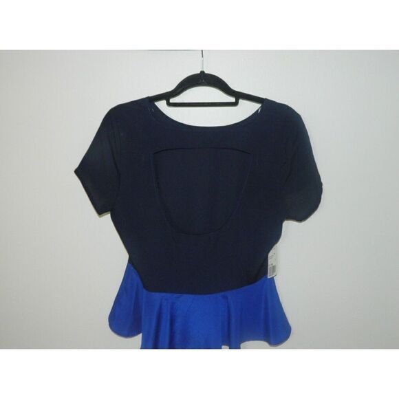 Rory Beca Forever 21 Blouse Size Large Blue Black Colorblock Peplum Open Back - Picture 3 of 7